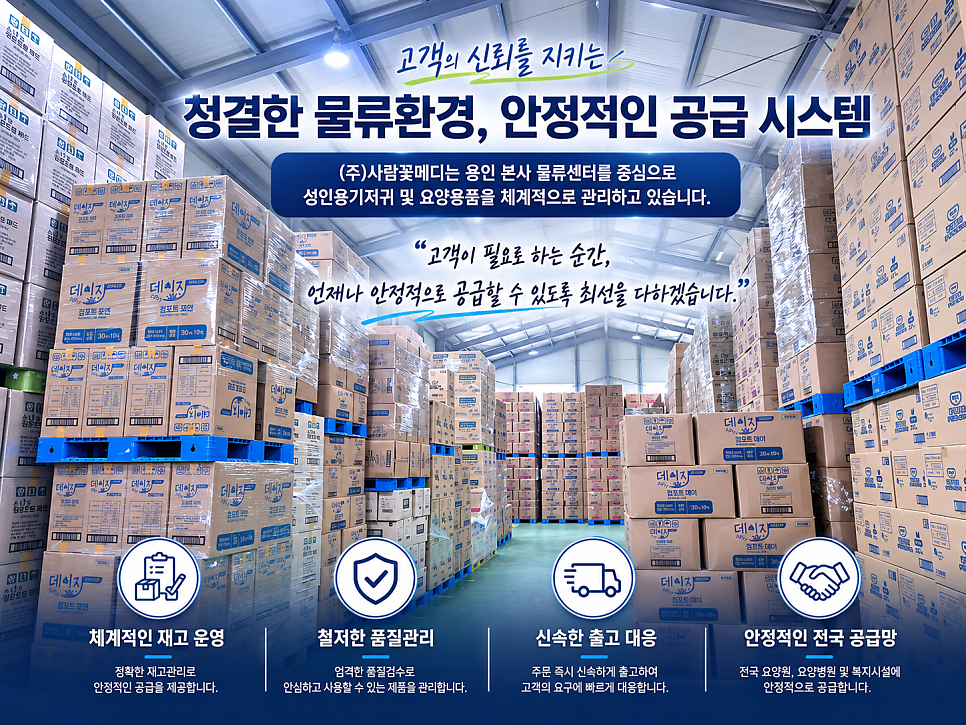 사람꽃메디 용인 물류센터 전경 — 청결한 물류환경, 안정적인 공급 시스템